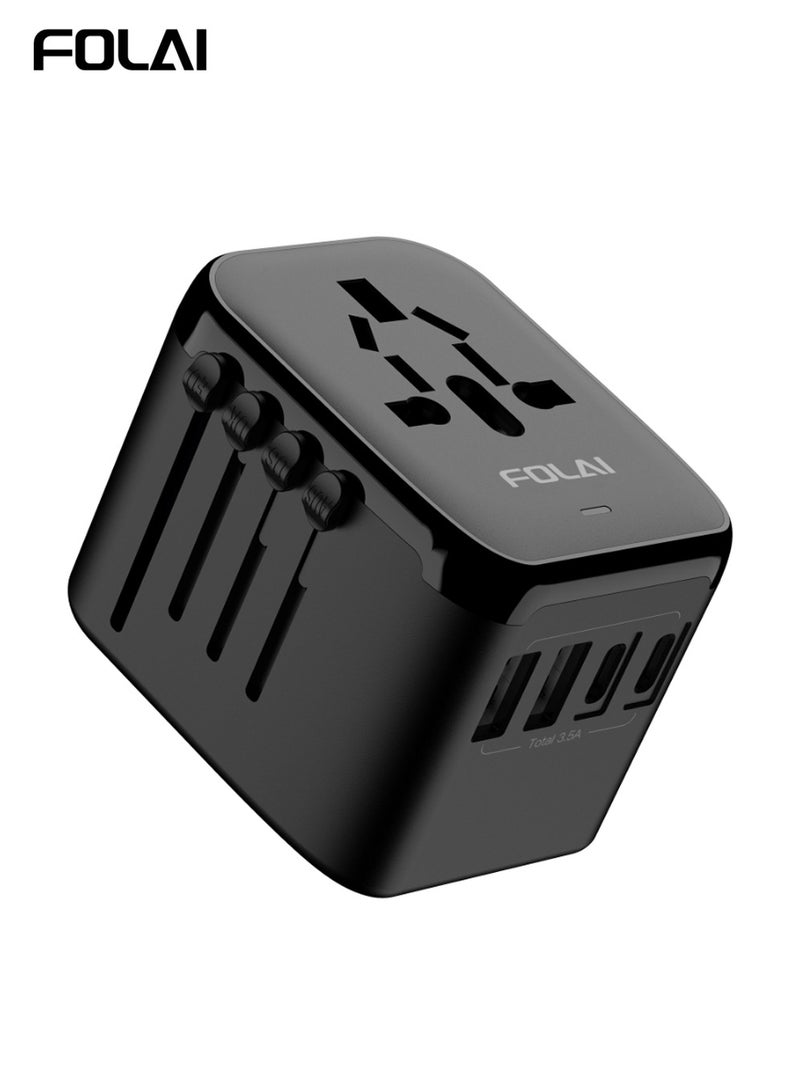 فولاي محول طاقة عالمي للسفر، 5 في 1، محول للسفر لأوروبا مع منفذين USB-A بقوة 3.5 أمبير ومنفذين USB-C، وشاحن جداري ومخرج كهرباء عالمي لأوروبا، الولايات المتحدة، المملكة المتحدة، أستراليا، وآسيا – باللون الأسود - Image 1