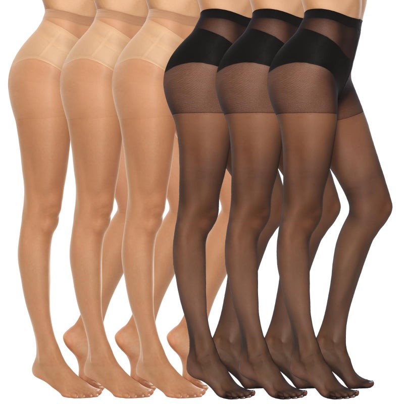 MANZI 6 Pairs Women's 20D Sheer Silky Pantyhose Run Resistant Nylon Tights High Waist Stockings with Control Top(3 Black +3 Natural,XL - Image 1