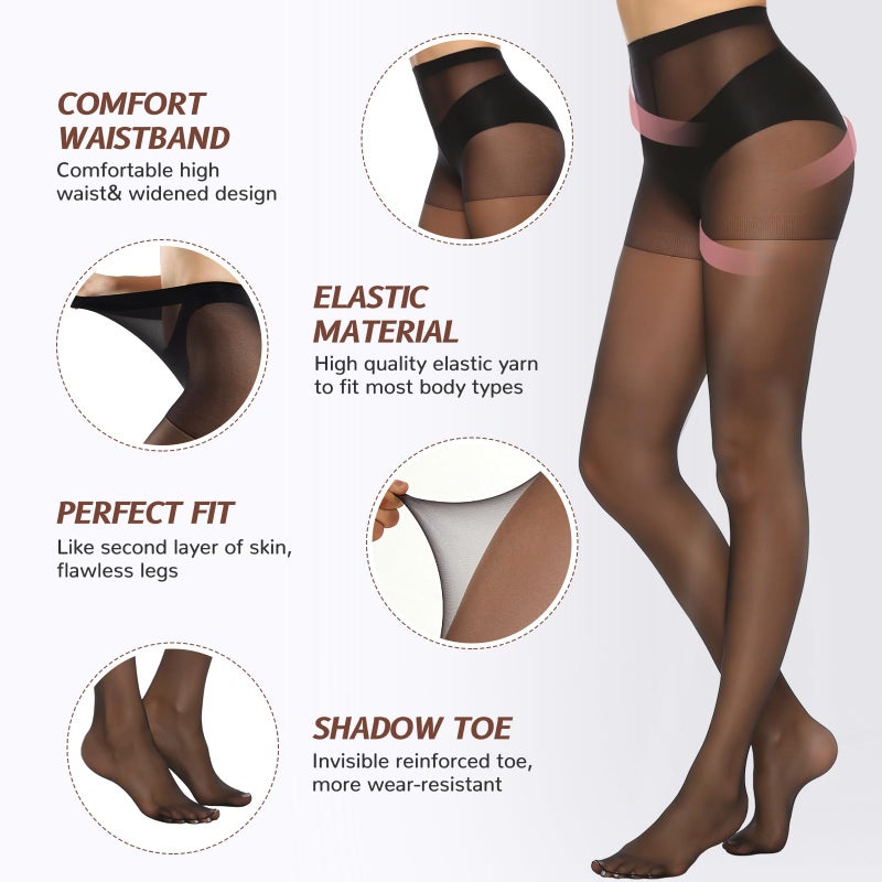 MANZI 6 Pairs Women's 20D Sheer Silky Pantyhose Run Resistant Nylon Tights High Waist Stockings with Control Top(3 Black +3 Natural,XL - Image 3