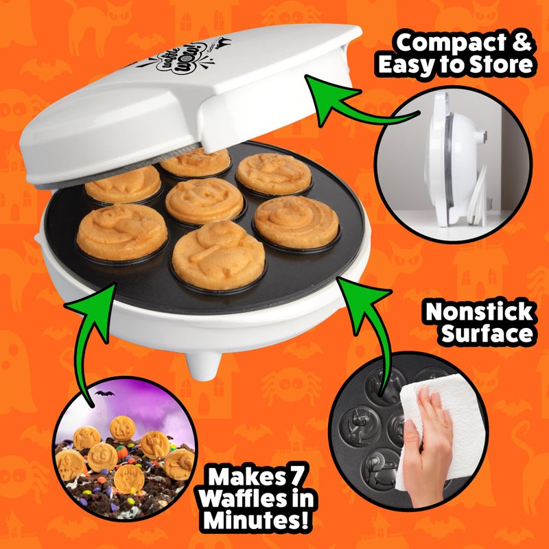 Waffle Wow! Halloween Mini Waffle Maker - 7 Different Spooky Designs, Make Breakfast Fun with Electric Nonstick Waffler Iron Featuring a Pumpkin Bat Ghost Spider & More, Unique Holiday Breakfast for Kids or Gift - Image 3