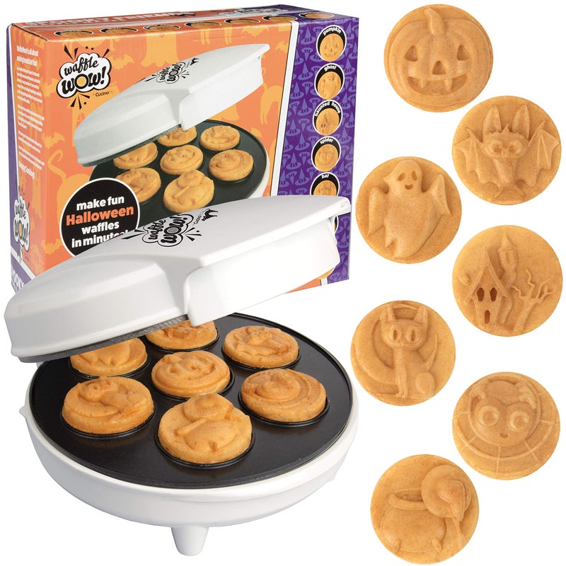 Waffle Wow! Halloween Mini Waffle Maker - 7 Different Spooky Designs, Make Breakfast Fun with Electric Nonstick Waffler Iron Featuring a Pumpkin Bat Ghost Spider & More, Unique Holiday Breakfast for Kids or Gift - Image 1