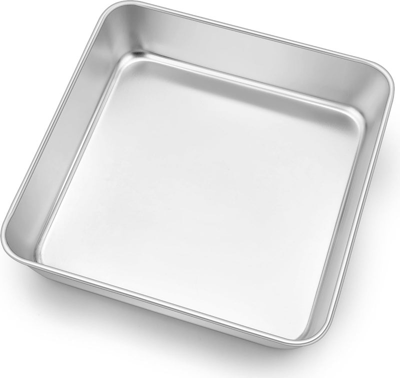 E-far 25 x 25cm Square Cake Pan, Stainless Steel Baking Pan for Lasagna Brownies Casseroles, Silver Square Bakeware for Oven Cooking, Non-Toxic & Rust Free, Dishwasher Safe, 2 Inch deep - Image 1