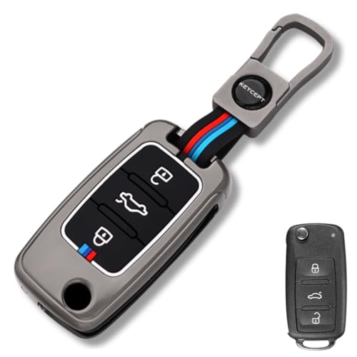 KEYCEPT غطاء مفتاح معدني متوافق مع سكودا/ فولكس فاجن بولو | فينتو | جيتا | أميّو | باسات | رابيد | لورا | سوبراب | أوكتافيا | فابيا | يتي مفتاح قابل للطي بثلاثة أزرار مع سلسلة مفاتيح (غطاء معدني) - Image 1