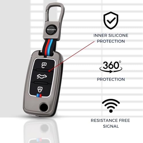 KEYCEPT غطاء مفتاح معدني متوافق مع سكودا/ فولكس فاجن بولو | فينتو | جيتا | أميّو | باسات | رابيد | لورا | سوبراب | أوكتافيا | فابيا | يتي مفتاح قابل للطي بثلاثة أزرار مع سلسلة مفاتيح (غطاء معدني) - Image 5