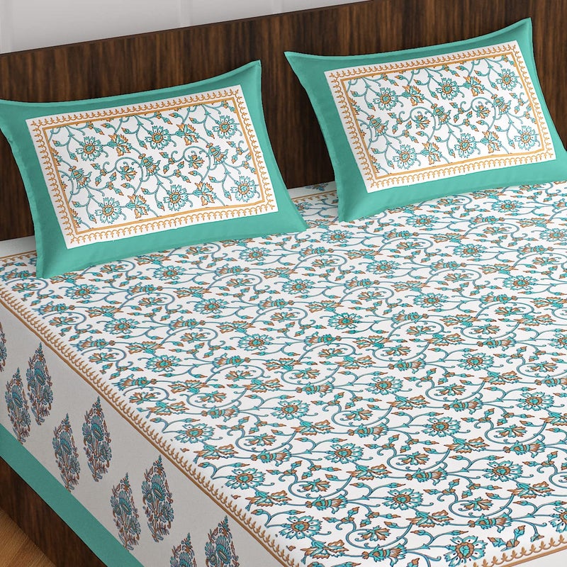 100 Cotton Double Bedsheet for Double Bed King Size Traditional Jaipuri Bedsheet with 2 Pillow Covers Multi008 - Image 1