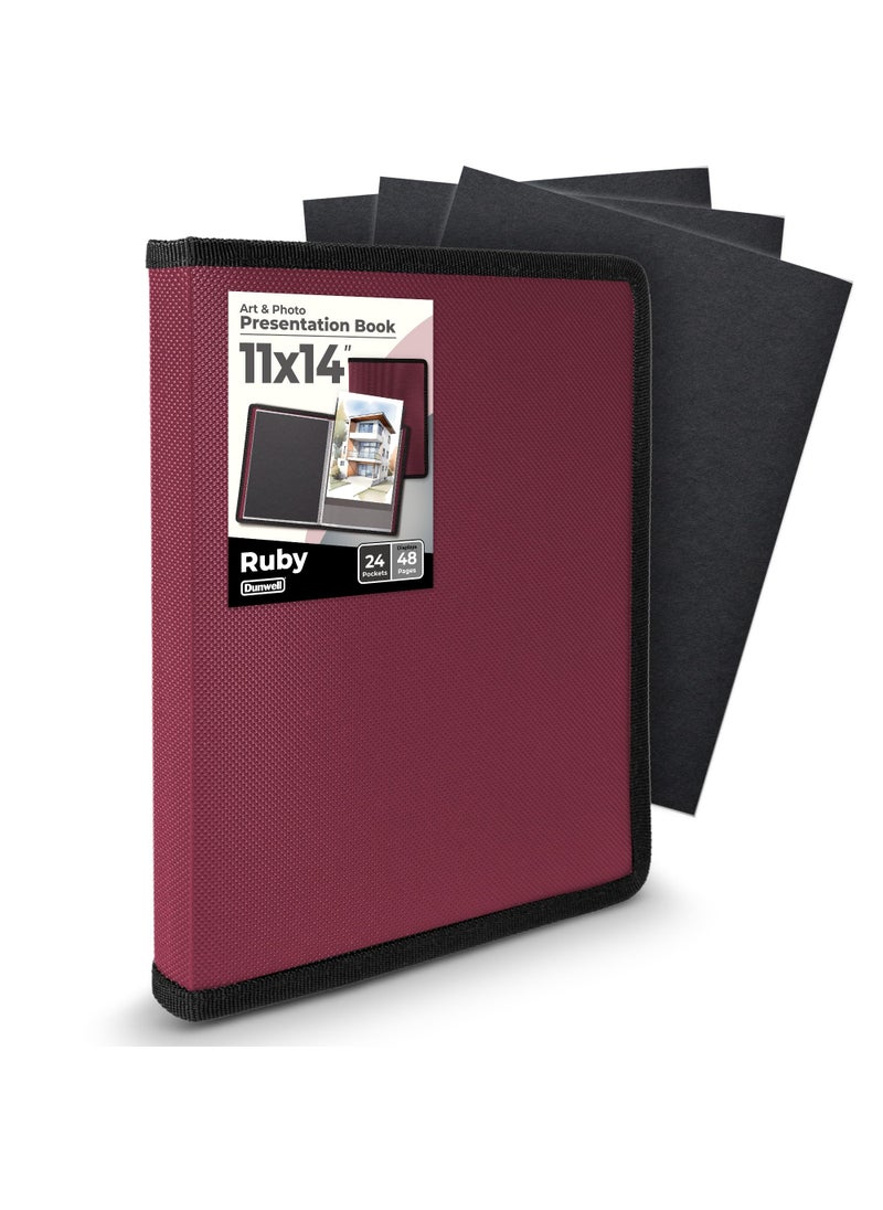 Dunwell Dunwell 11x14 Art Portfolio Binder with Mounting Paper (Ruby), Large Portfolio Folder for Artwork Storage, 24 Sleeves Displays 48 Pages, Acid-Free Poly 11 x 14 Presentation Book  - Image 1