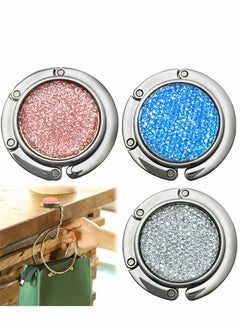 Excefore Foldable Purse Hook Floding Handbag Hanger Bling Rhinestone Bag Holder for Table Desk 3 PCS(White Pink Blue)  - Image 1