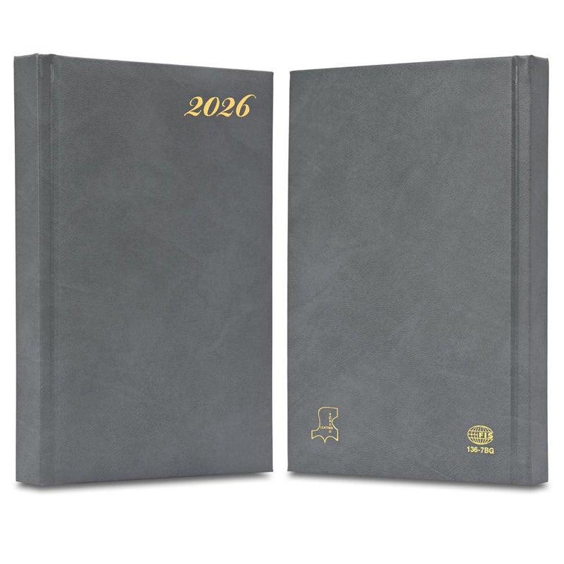 FIS مفكرة FIS الدولية 2026 A5، 148x210 مم، غلاف جلد مزود بوسادة من جهة واحدة، زوايا مدورة، حواف مطلية بالذهب، 7 لغات متعددة، ورق إيطالي عاجي 70 جرام، غلاف رمادي - FSDI136-7BG26GY - Image 2