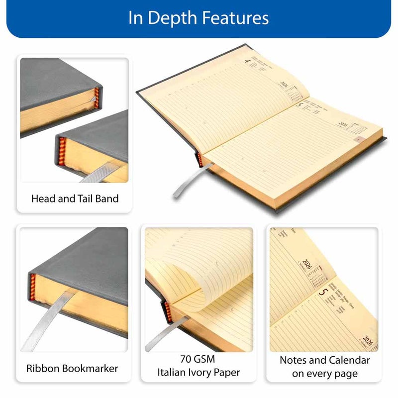 FIS مفكرة FIS الدولية 2026 A5، 148x210 مم، غلاف جلد مزود بوسادة من جهة واحدة، زوايا مدورة، حواف مطلية بالذهب، 7 لغات متعددة، ورق إيطالي عاجي 70 جرام، غلاف رمادي - FSDI136-7BG26GY - Image 5