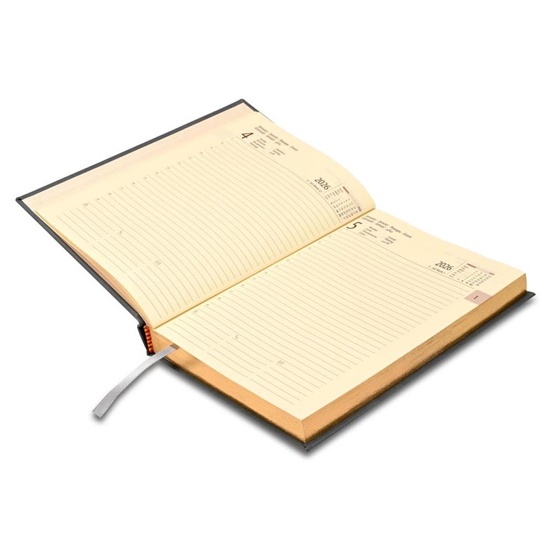 FIS مفكرة FIS الدولية 2026 A5، 148x210 مم، غلاف جلد مزود بوسادة من جهة واحدة، زوايا مدورة، حواف مطلية بالذهب، 7 لغات متعددة، ورق إيطالي عاجي 70 جرام، غلاف رمادي - FSDI136-7BG26GY - Image 3