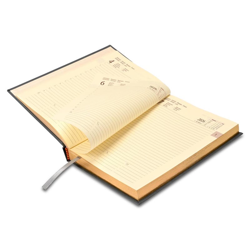 FIS مفكرة FIS الدولية 2026 A5، 148x210 مم، غلاف جلد مزود بوسادة من جهة واحدة، زوايا مدورة، حواف مطلية بالذهب، 7 لغات متعددة، ورق إيطالي عاجي 70 جرام، غلاف رمادي - FSDI136-7BG26GY - Image 4