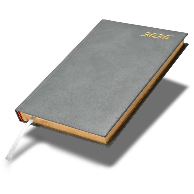 FIS مفكرة FIS الدولية 2026 A5، 148x210 مم، غلاف جلد مزود بوسادة من جهة واحدة، زوايا مدورة، حواف مطلية بالذهب، 7 لغات متعددة، ورق إيطالي عاجي 70 جرام، غلاف رمادي - FSDI136-7BG26GY - Image 1