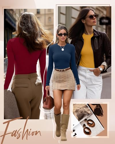 Ficerd 3 Pack Womens Ribbed Long Sleeve Tops Crew Neck Slim Fit Knit Undershirts Basic Casual Stretch Layering Tee ShirtsDark Blue Ginger Yellow Wine RedMedium - Image 3