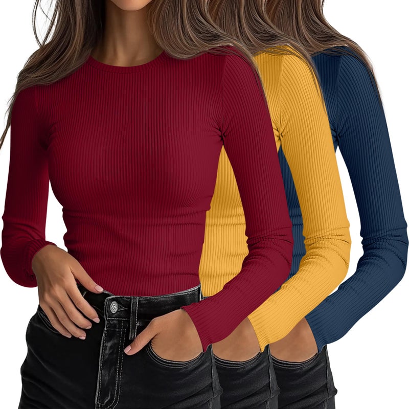 Ficerd 3 Pack Womens Ribbed Long Sleeve Tops Crew Neck Slim Fit Knit Undershirts Basic Casual Stretch Layering Tee ShirtsDark Blue Ginger Yellow Wine RedMedium - Image 2
