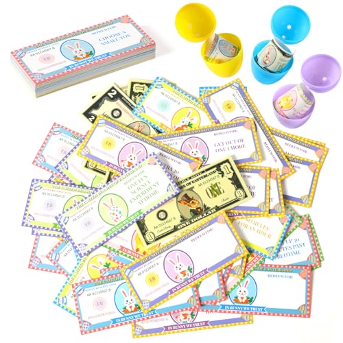 JULEASEL 100 Pcs Easter Egg FillersBunny Money Coupons Paper Easter Egg Tokens Basket Stuffers 60 Redeemable Coupons30 Blank DIY Coupons10 Bunny Dollars for Easter Activities - Image 1
