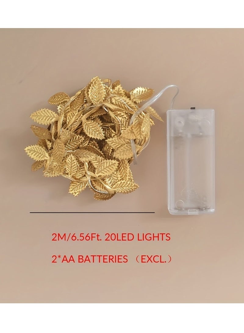 1pc Golden Leaf Decoration String Lights - 2m 20 LED Battery-Powered Fairy Lights for Birthday, Festivals,etc - Image 2