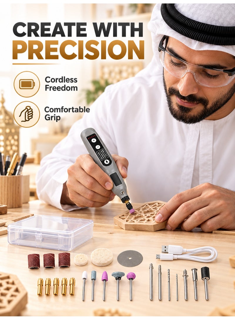 XiuWoo Cordless Mini Rotary Tool, USB Rechargeable Electric Grinder with LED Light, 5 Speeds and 25-Piece Accessory Kit for Engraving, Sanding, Polishing and Drilling - Image 4