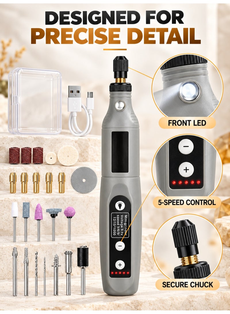 XiuWoo Cordless Mini Rotary Tool, USB Rechargeable Electric Grinder with LED Light, 5 Speeds and 25-Piece Accessory Kit for Engraving, Sanding, Polishing and Drilling - Image 5