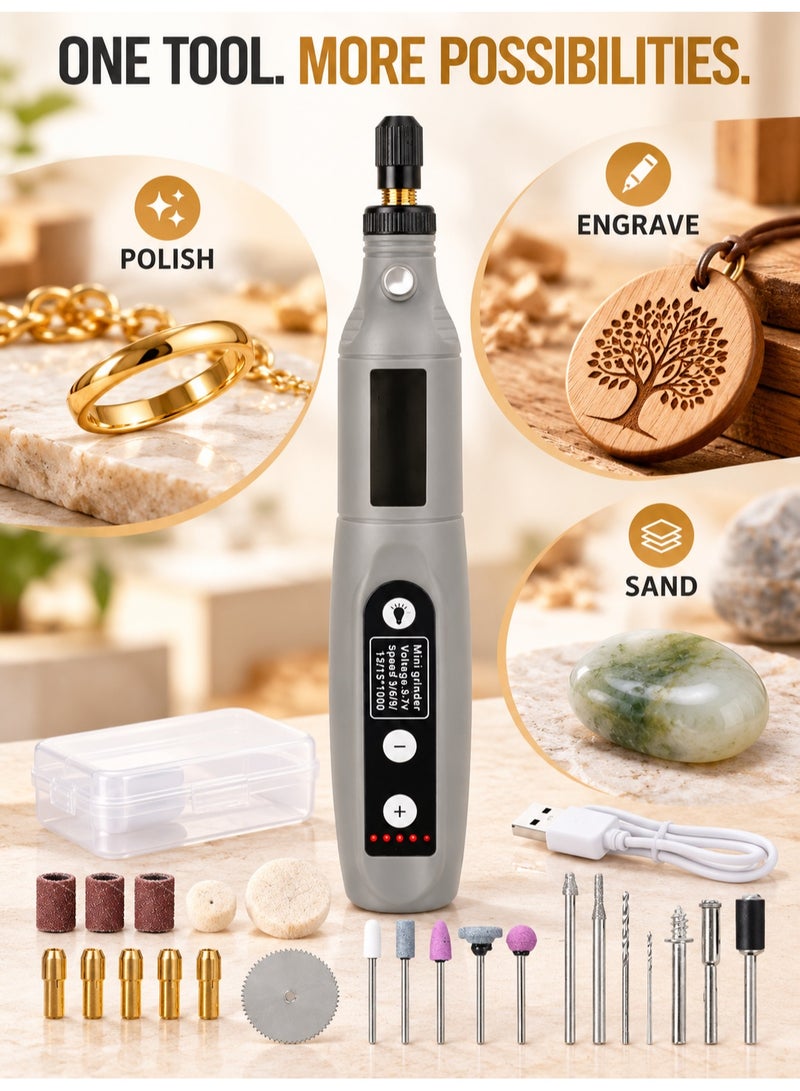 XiuWoo Cordless Mini Rotary Tool, USB Rechargeable Electric Grinder with LED Light, 5 Speeds and 25-Piece Accessory Kit for Engraving, Sanding, Polishing and Drilling - Image 3