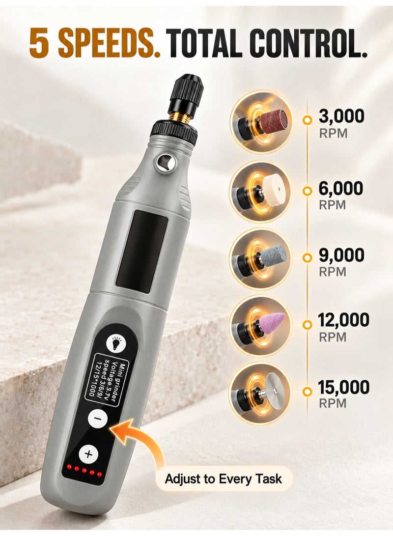 XiuWoo Cordless Mini Rotary Tool, USB Rechargeable Electric Grinder with LED Light, 5 Speeds and 25-Piece Accessory Kit for Engraving, Sanding, Polishing and Drilling - Image 2