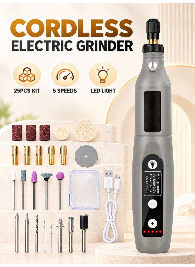 XiuWoo Cordless Mini Rotary Tool, USB Rechargeable Electric Grinder with LED Light, 5 Speeds and 25-Piece Accessory Kit for Engraving, Sanding, Polishing and Drilling - Image 1