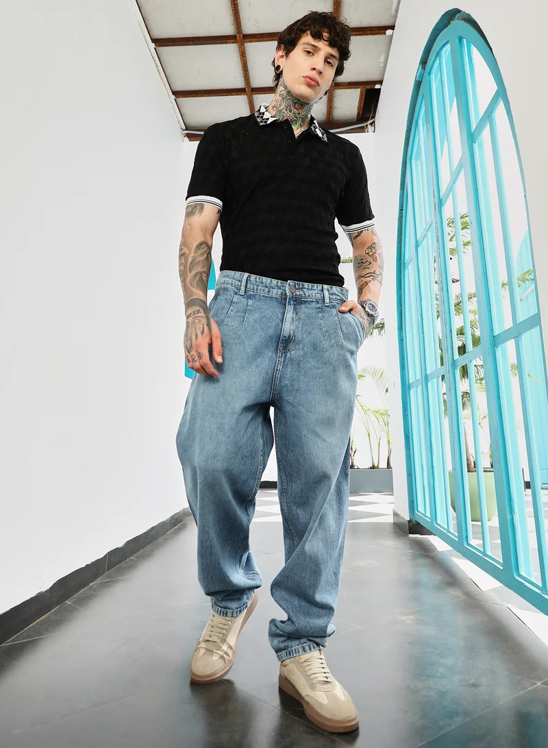 CAHOOT  Men's Light Blue Light-Wash Pleated Denim Jeans for Men | Best Price UAE