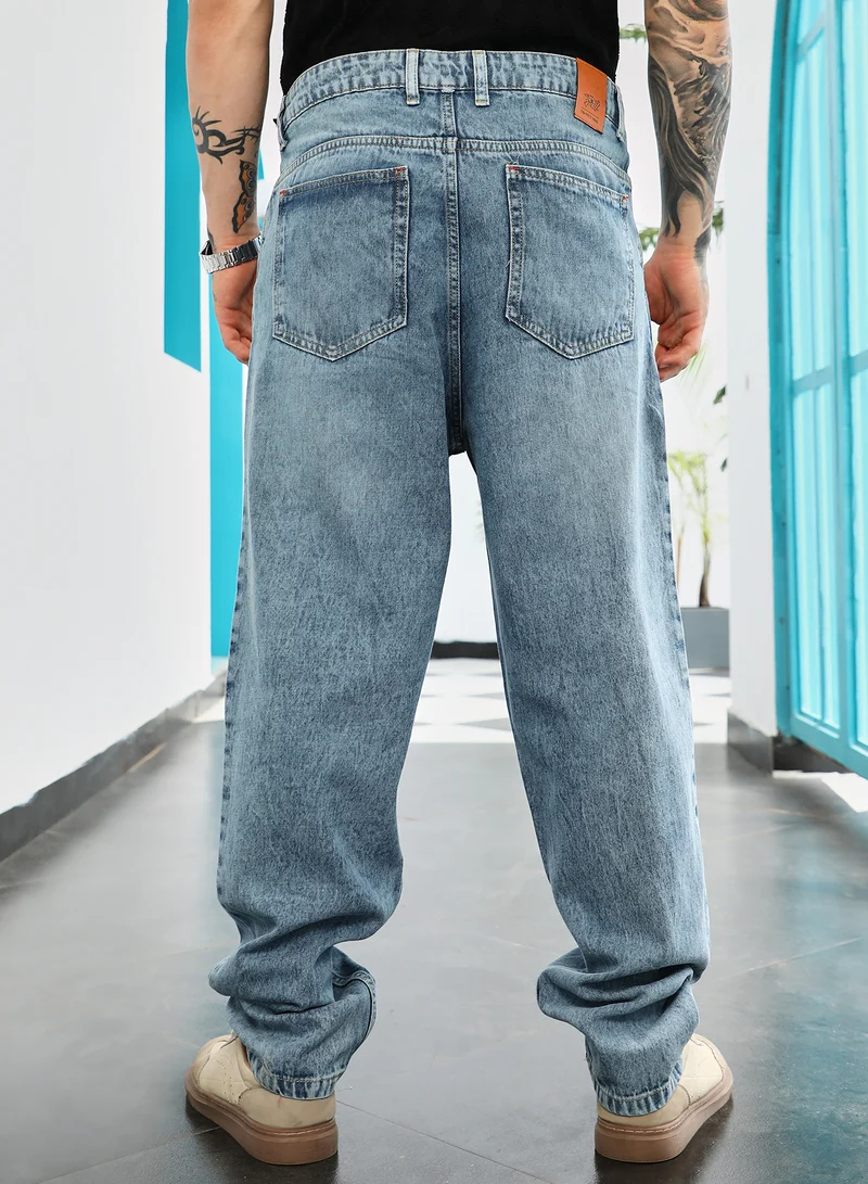 CAHOOT  Men's Light Blue Light-Wash Pleated Denim Jeans for Men | Best Price UAE