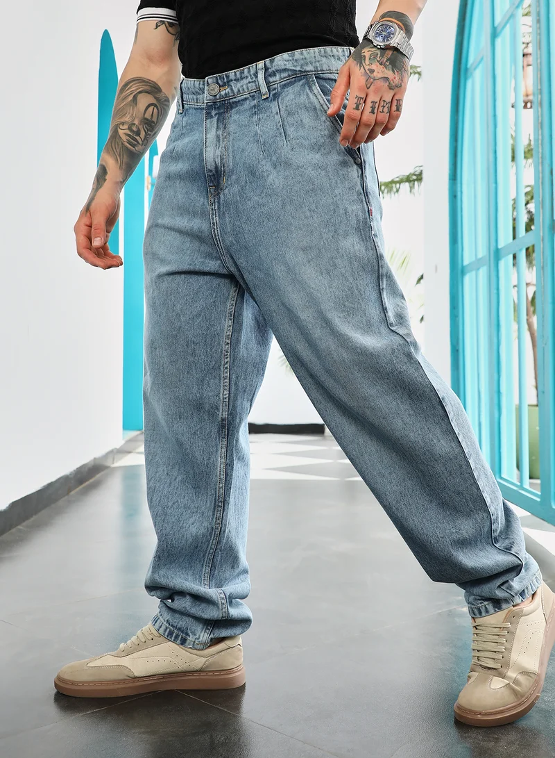 CAHOOT  Men's Light Blue Light-Wash Pleated Denim Jeans for Men | Best Price UAE