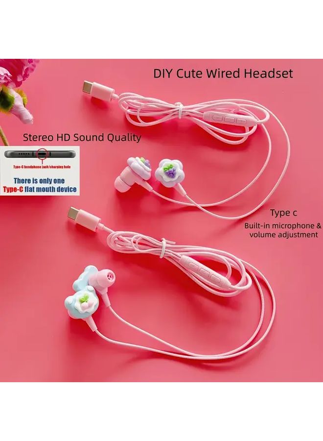 Pink Wired Headphones Type C Plug Play Semi In Ear Built In Microphone Volume Control HD Sound - Image 2