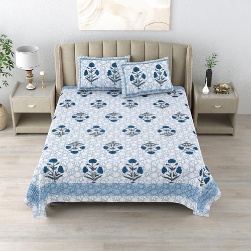 DE CAMA Since 1997 | 100% Cotton 300 TC Premium King Size Bedsheet for Double Bed (90 x 108 Inch) with 2 Pillow Covers Set (17 x 27 Inch) Designer Printed Bedsheet Set - Big Boota, Blue - Image 3