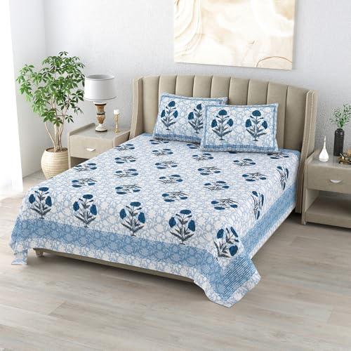 DE CAMA Since 1997 | 100% Cotton 300 TC Premium King Size Bedsheet for Double Bed (90 x 108 Inch) with 2 Pillow Covers Set (17 x 27 Inch) Designer Printed Bedsheet Set - Big Boota, Blue - Image 2