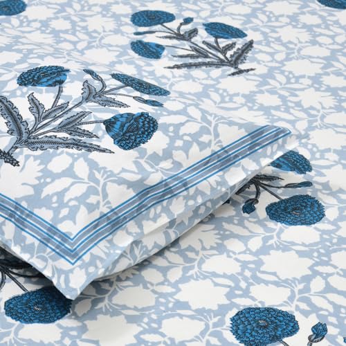 DE CAMA Since 1997 | 100% Cotton 300 TC Premium King Size Bedsheet for Double Bed (90 x 108 Inch) with 2 Pillow Covers Set (17 x 27 Inch) Designer Printed Bedsheet Set - Big Boota, Blue - Image 4