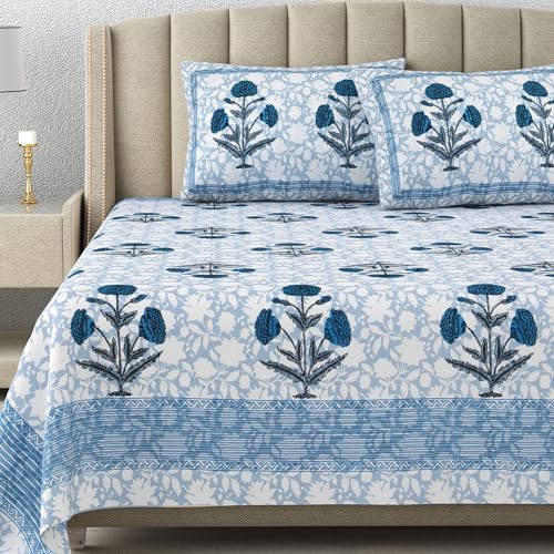DE CAMA Since 1997 | 100% Cotton 300 TC Premium King Size Bedsheet for Double Bed (90 x 108 Inch) with 2 Pillow Covers Set (17 x 27 Inch) Designer Printed Bedsheet Set - Big Boota, Blue - Image 1