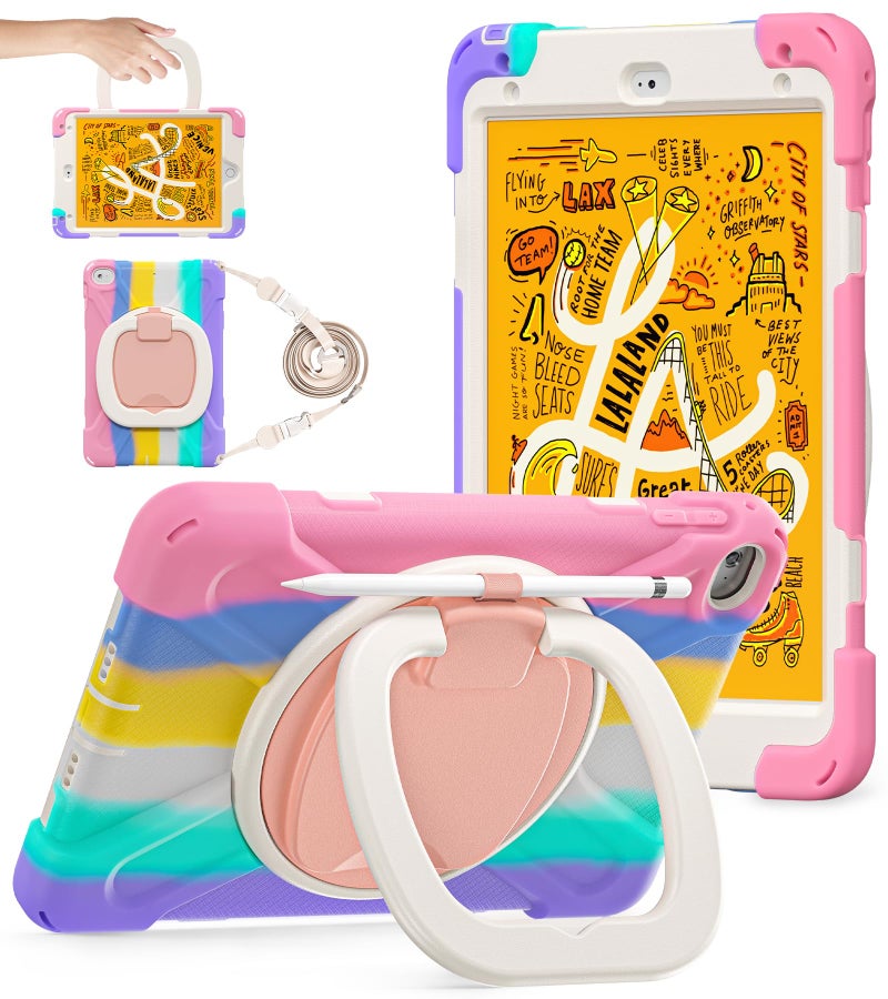 BATYUE for iPad mini 5/4 7.9 Inch Case (2019/2015), Kid-Proof Shockproof Cover with 360Â° Kickstand, Detachable Shoulder Strap & Pencil Holder for Girls and School - Cute Colourful Pink - Image 1