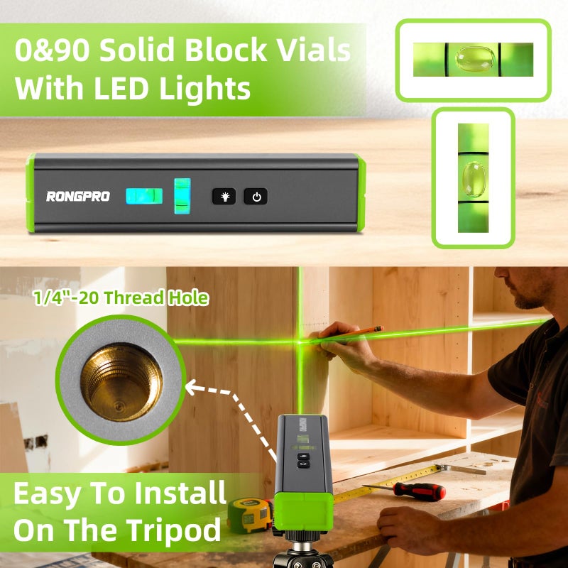 RONGPRO Portable Laser Level with Light -Multipurpose Magnetic Pocket Level 15Ft Cross Leveling Line,Mini Torpedo Level for Hanging Picture Wall Writing Home Renovation-Green line - Image 2