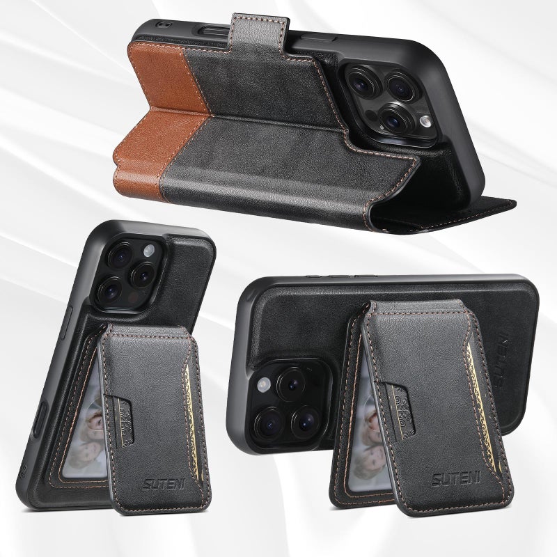 Suteni For Iphone 16 Plus Q06S3 3-In-1 Splicing Detachable Vertical Flip Wallet Magsafe Leather Phone Case(Black) - Image 3