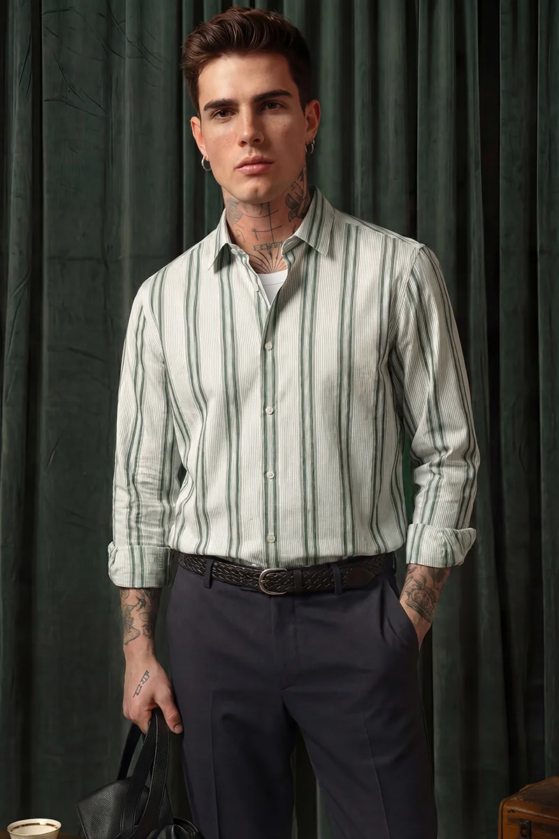SNITCH Light Green Striped Long Sleeve Slim Fit Formal Shirt