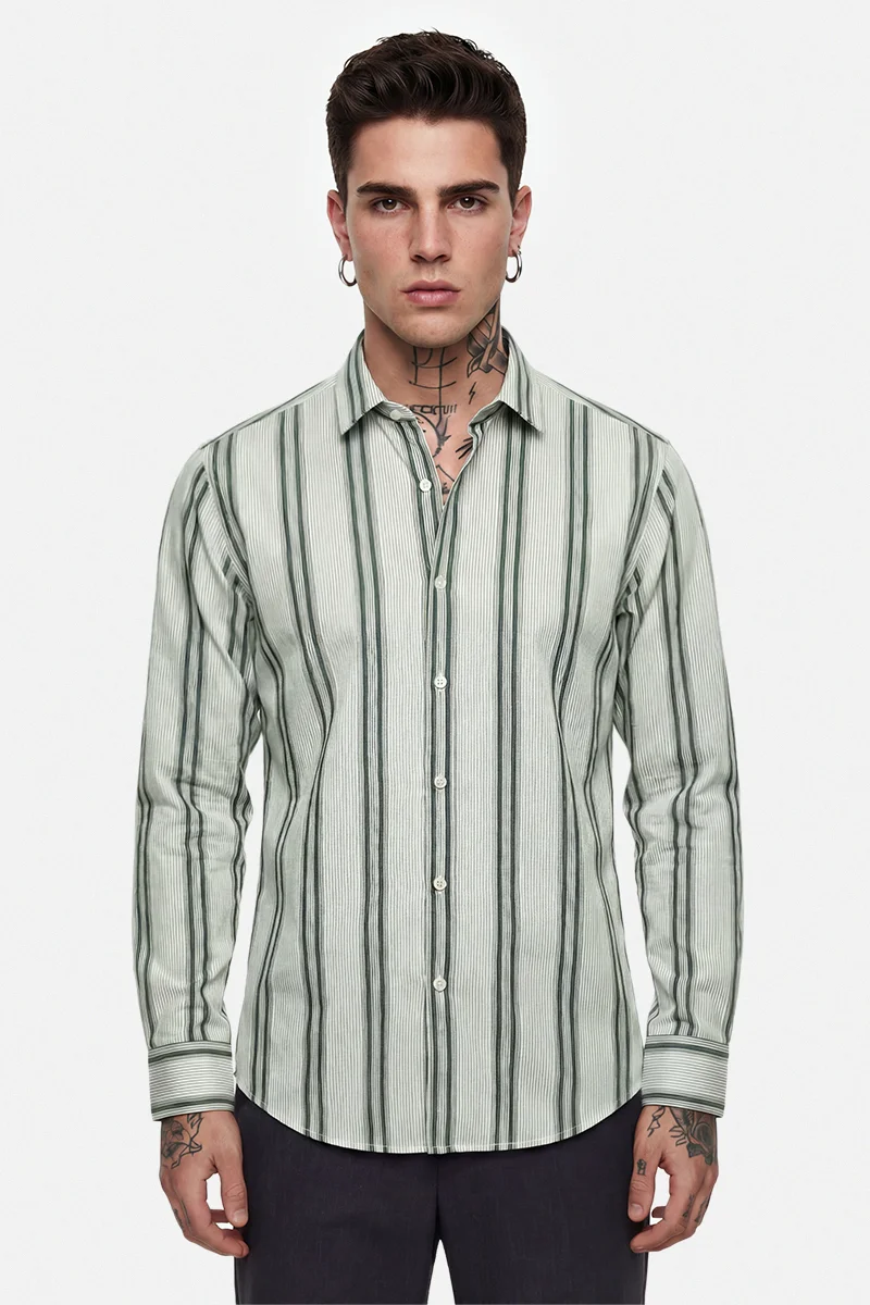 SNITCH Light Green Striped Long Sleeve Slim Fit Formal Shirt