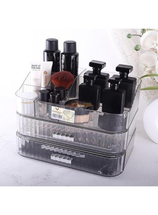 فينيكس منظم مكياج  اكريليك بأدراج قابلة للتكديس، وحدة تخزين لسطح المكتب ودولاب الملابس لحفظ مستحضرات التجميل ومنتجات العناية بالبشرة وأحمر الشفاه ، صينية ودرجين - Image 1