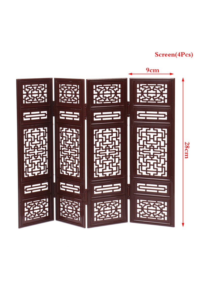 شاشة قابلة للطي مصغرة لبيت الدمى مكونة من 4 قطع، تتضمن مزمارًا، عودًا، غوزينغ، مروحة، وزينة لمشهد من الحياة اليومية.