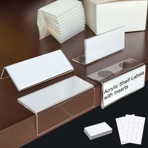 ChanQnTon Acrylic Shelf Labels,L-Shape Book Shelf Labels,Price Tags,Sign Holder,Display Stand.20Pack 1.25x3.15inch with Paper Inserts&Double Sided Sticky Dots.for Library,School,Home,Office,Store - Image 1