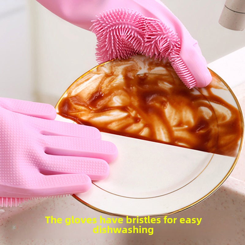 Silicone Dishwashing Gloves Household Kitchen Cleaning Platycodon powder - Image 4