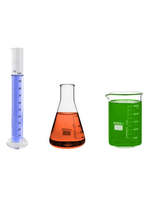 Glassware Set for Biology Chemistry Laboratory | 100ml Graduated Cylinder, 250ml Erlenmeyer Flask, 250ml Beaker | High-Quality Borosilicate Glass | Accurate Measurements and Reliable Performance