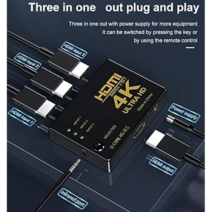 rayihni HDMI SWITCH 3 IN 1 OUT, 4K HDMI SWITCHER 3X1 WITH IR REMOTE, AUTO HDMI SELECTOR SUPPORTS HD 1080P 4KX2K 3D HDCP 1.4 COMPATIBLE WITH XBOX PS4 TV FIRE STICK BLU-RAY PLAYER-(PLASTIC SHELL) - Image 2