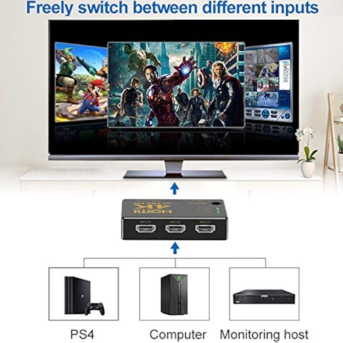 rayihni HDMI SWITCH 3 IN 1 OUT, 4K HDMI SWITCHER 3X1 WITH IR REMOTE, AUTO HDMI SELECTOR SUPPORTS HD 1080P 4KX2K 3D HDCP 1.4 COMPATIBLE WITH XBOX PS4 TV FIRE STICK BLU-RAY PLAYER-(PLASTIC SHELL) - Image 3