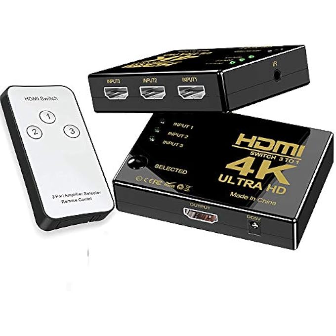 rayihni HDMI SWITCH 3 IN 1 OUT, 4K HDMI SWITCHER 3X1 WITH IR REMOTE, AUTO HDMI SELECTOR SUPPORTS HD 1080P 4KX2K 3D HDCP 1.4 COMPATIBLE WITH XBOX PS4 TV FIRE STICK BLU-RAY PLAYER-(PLASTIC SHELL) - Image 1
