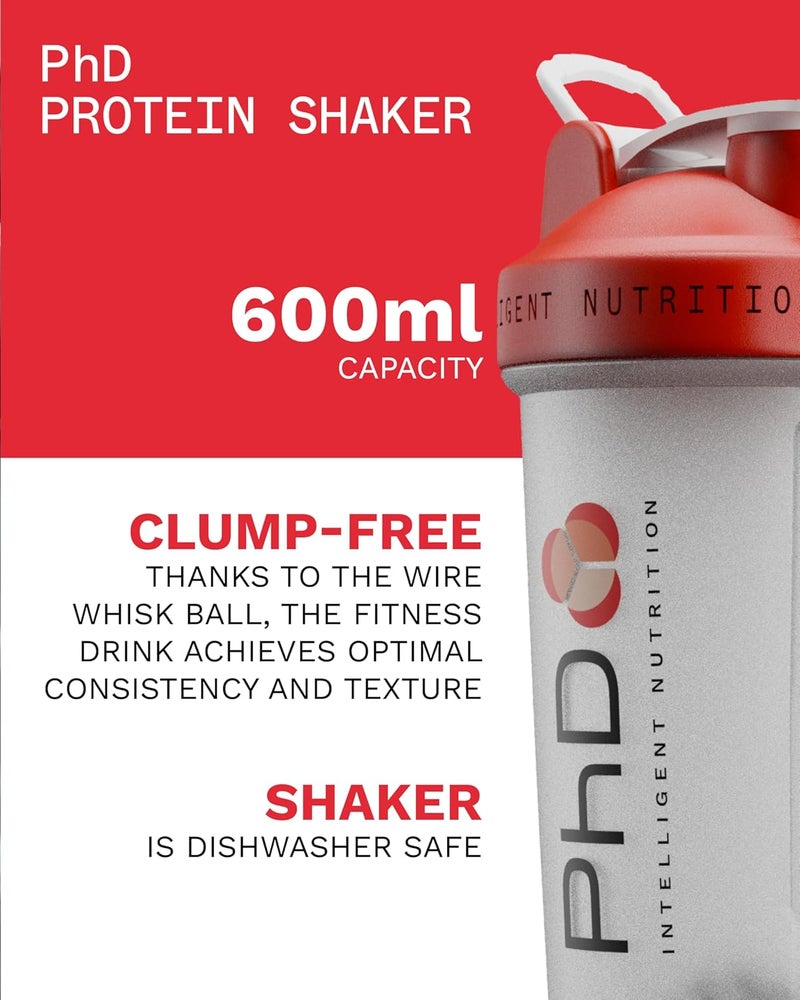 PhD Nutrition Mixball Shaker Shaker for Protein Shakes Wire Mixball Whisk Red NonDrip Screw Lid Transparent Colour 600 ml - Image 3
