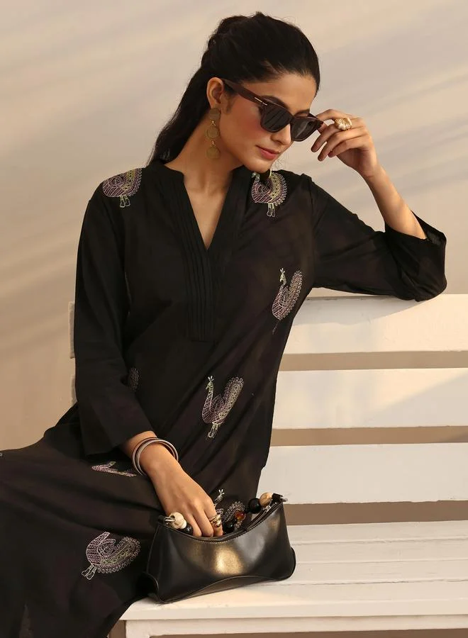 Libas Black Embroidered Cotton Straight Kurta, Trousers And Dupatta Set
