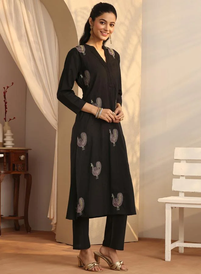 Libas Black Embroidered Cotton Straight Kurta, Trousers And Dupatta Set