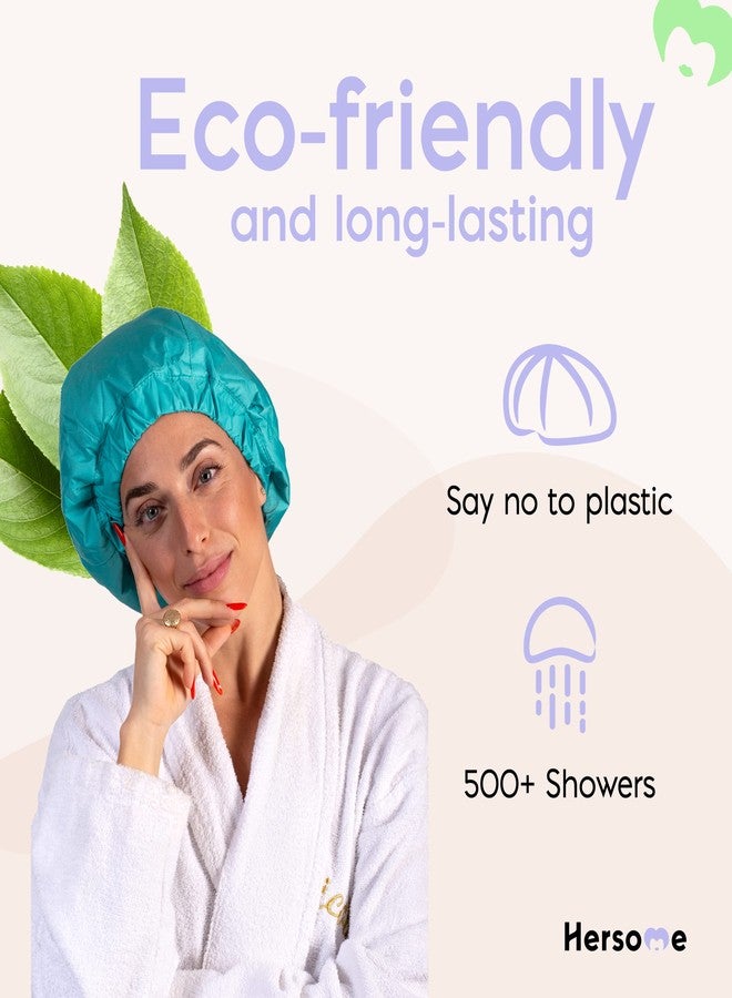 Hersome Premium Shower Cap for Women - 1000+ Showers, 100% Waterproof, Double-Sided, Large Shower Cap For Long Hair & Great For Curls (Anti-Frizz Terry Cloth Lining) Turquoise. - Image 5